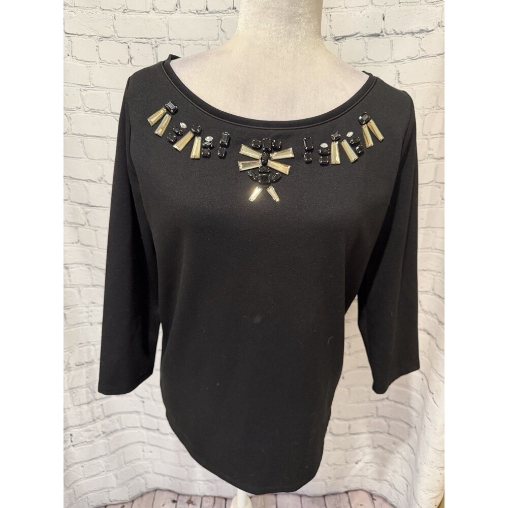ANN TAYLOR Women's Blouse 3/4 Sleeve Round Neck Black Color Embellished Size S